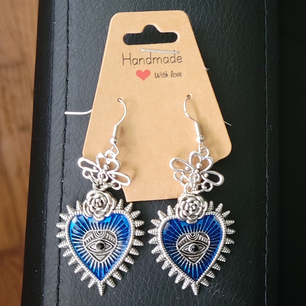 Spiked Blue Heart Eye Rose Handmade Earrings Punk Goth Emo Dangle Gothic - Picture 9 of 13